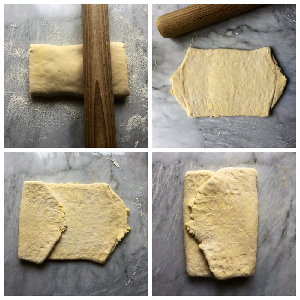 How to make croissants: Creating the second turn of the croissant dough to further thin out the layers of butter and dough. 