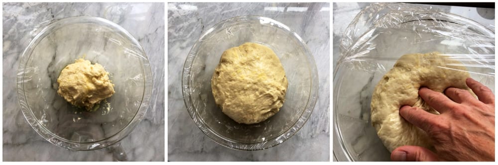 How to make croissants: Letting the croissant dough rise: the first frame is the freshly mixed dough; the second frame is the dough puffed up; third frame is punching down the dough.