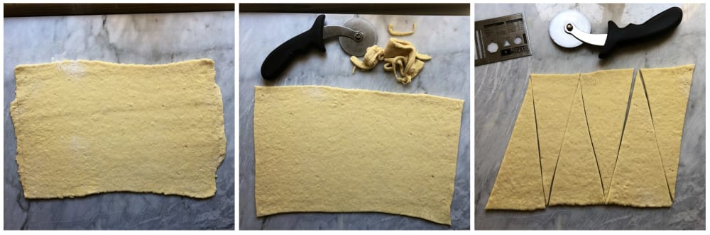 Shaping the croissant dough: first frame is dough rolled out into a rough rectangle; second frame is trimming the edges to make a perfect rectangle; third frame is rectangle sliced into six triangles with a pizza wheel. 