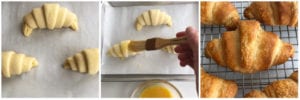 How to make croissants: Prepping the dough to bake: first frame is crescent-shaped rolls placed on parchment paper; second frame is brushing the croissant with egg wash; third frame is baked croissants.