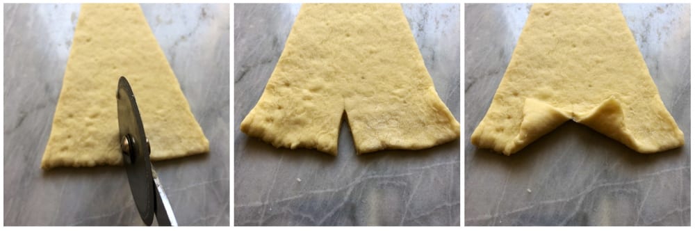How to make croissants: Cutting slits into the croissant dough for shaping. 